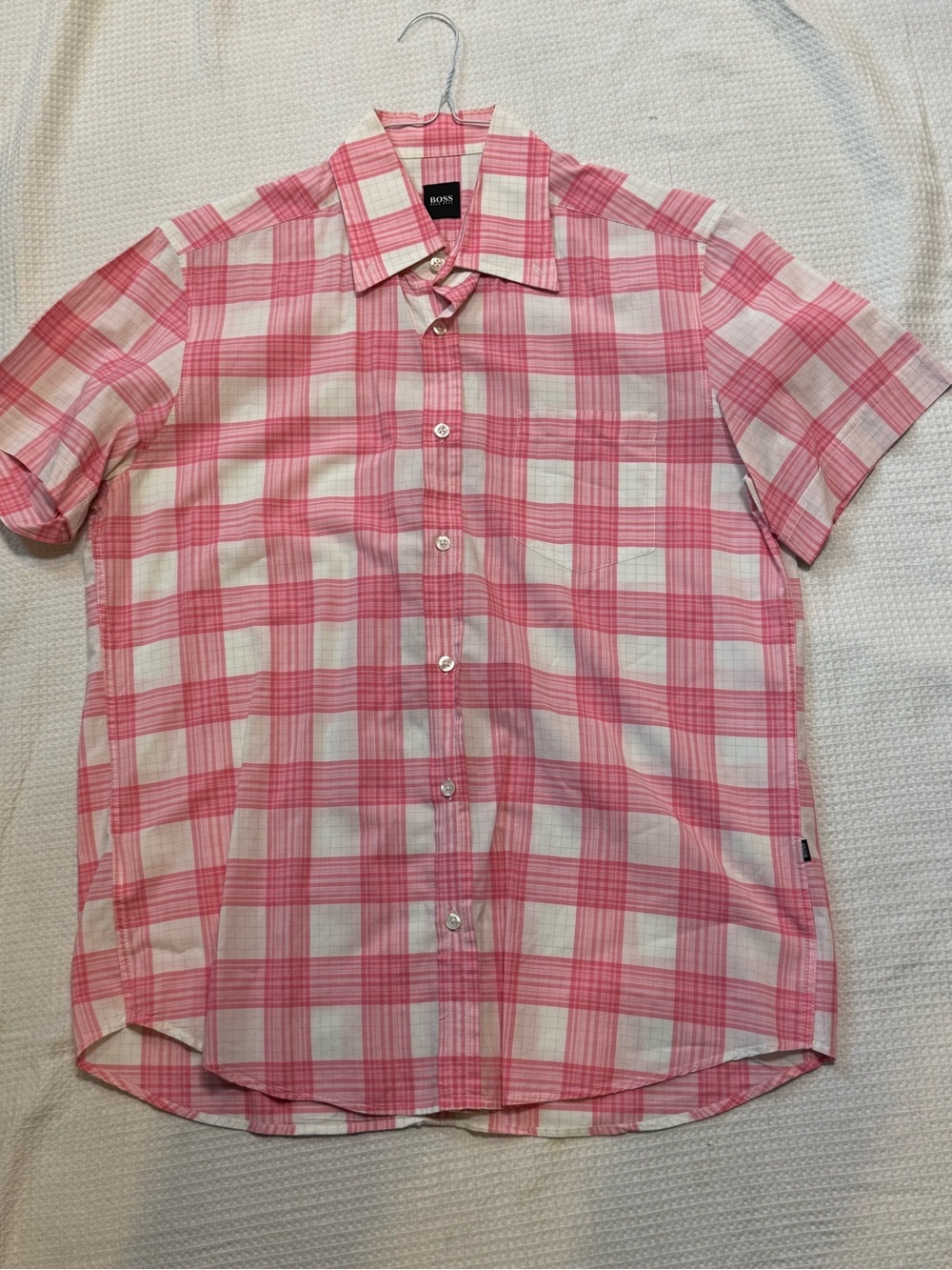 BOSS Pink and White Plaid Short-Sleeve Button-Down Shirt